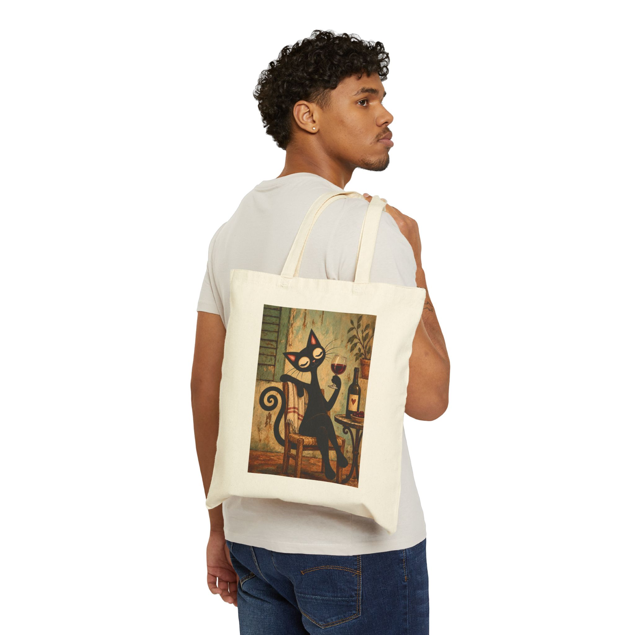 Olie Wine Time Tote Bag — Whimsical Black Cat in Canvas Tote - Image 3