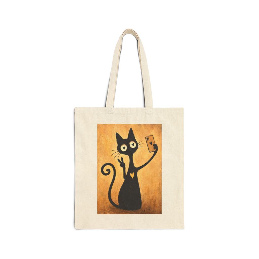 Olie Selfie Tote Bag — Whimsical Black Cat in Canvas Tote