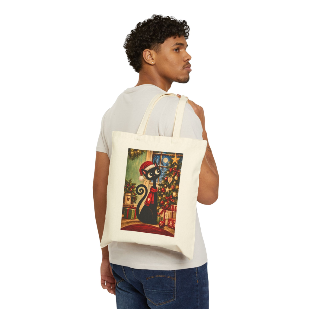 Olie Christmas Tree Tote Bag — Whimsical Black Cat in Canvas Tote
