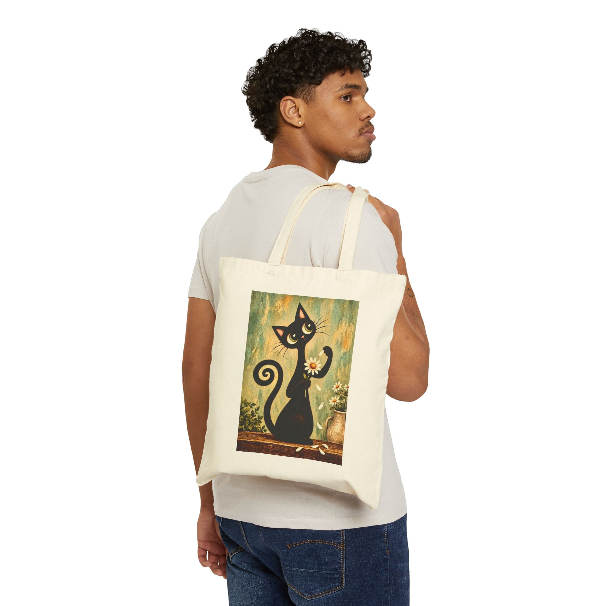 Olie Love Me, Love Me Not Tote Bag — Whimsical Black Cat in Canvas Tote - Image 3