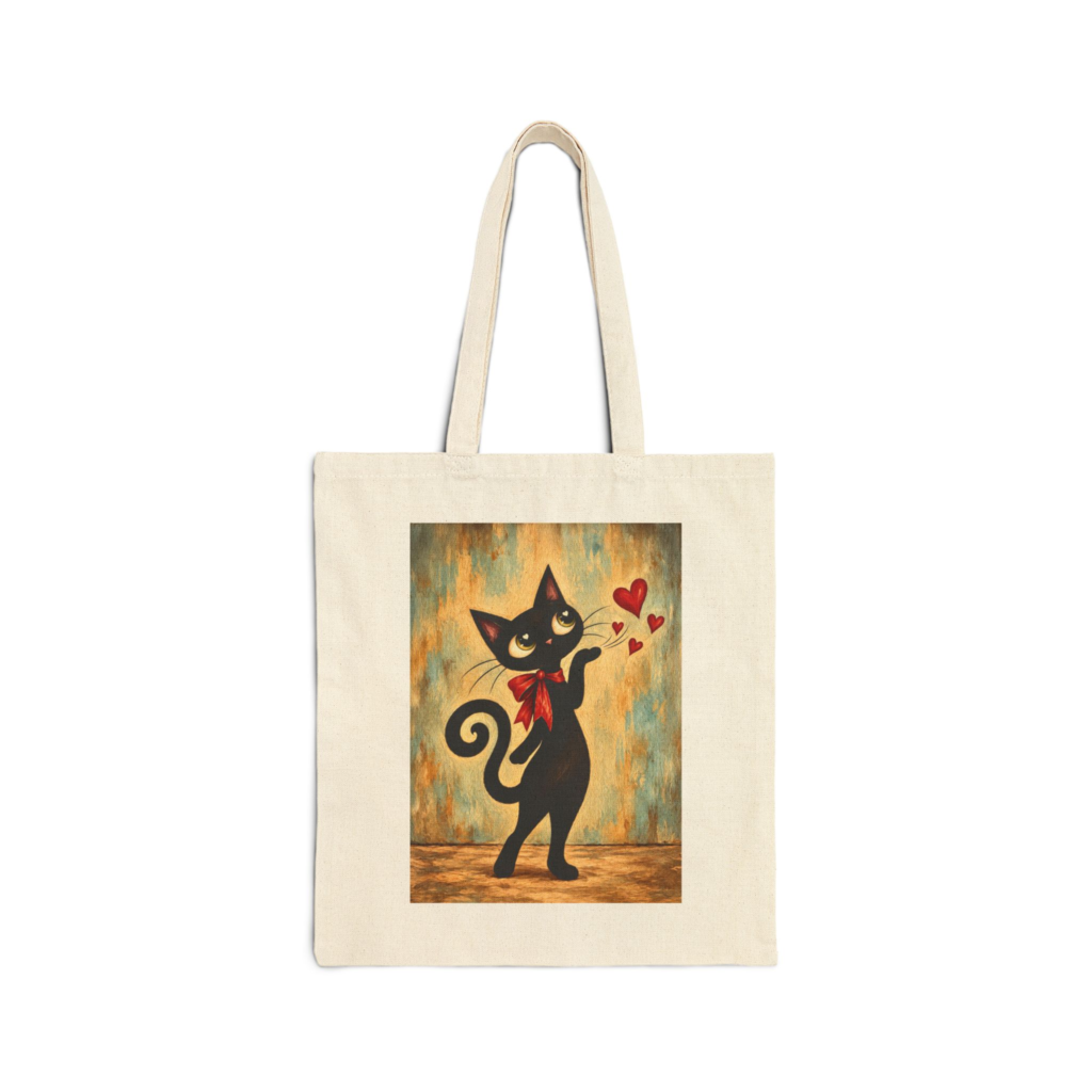 Olie Blowing Kiss Tote Bag — Whimsical Black Cat in Canvas Tote
