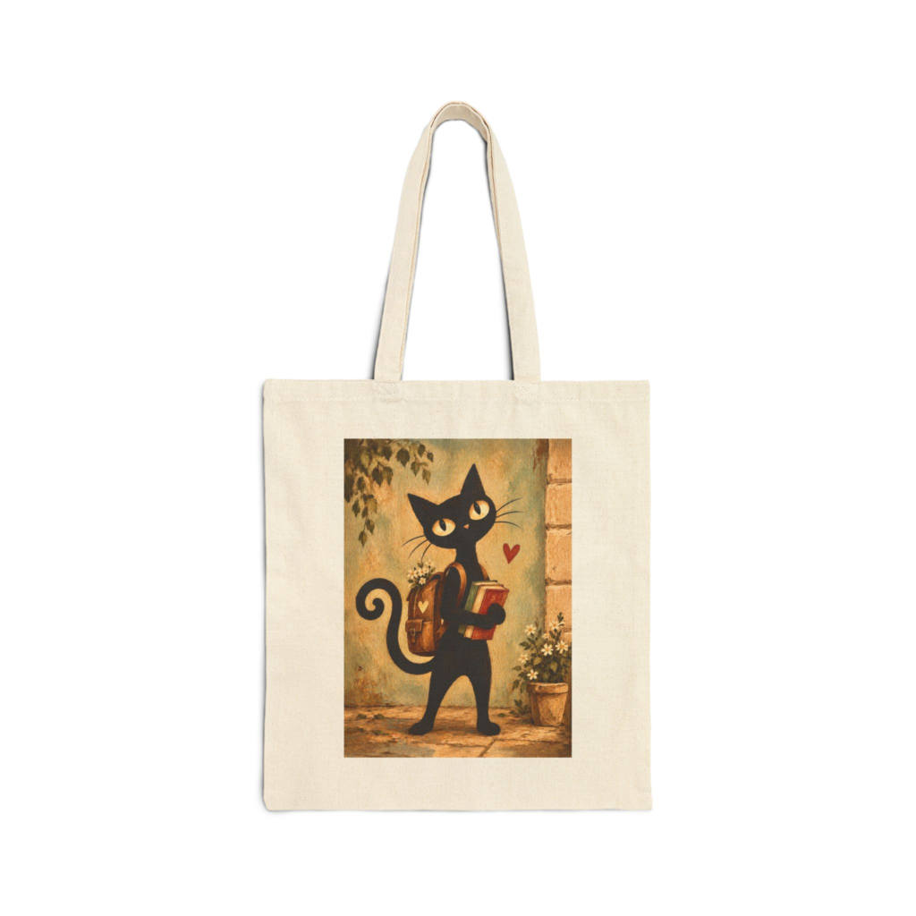 Olie Student Tote Bag — Whimsical Black Cat in Canvas Tote