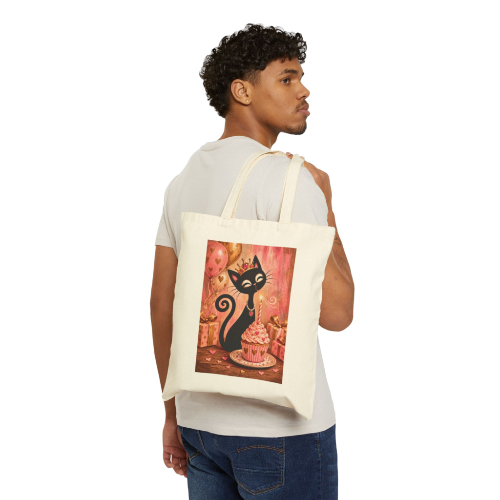 Olie Birthday Tote Bag — Whimsical Black Cat in Vintage Garden Canvas Tote