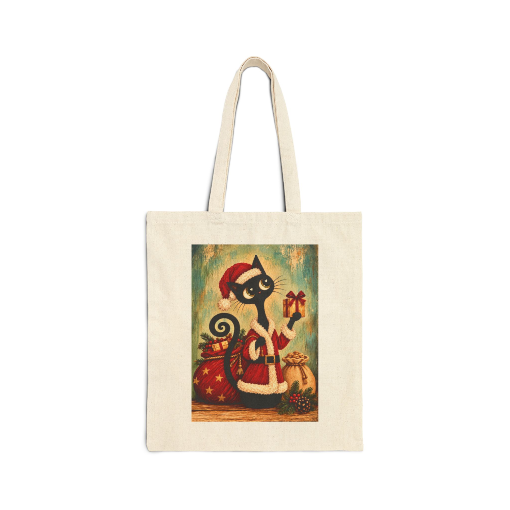Olie Santa Tote Bag — Whimsical Black Cat in Canvas Tote