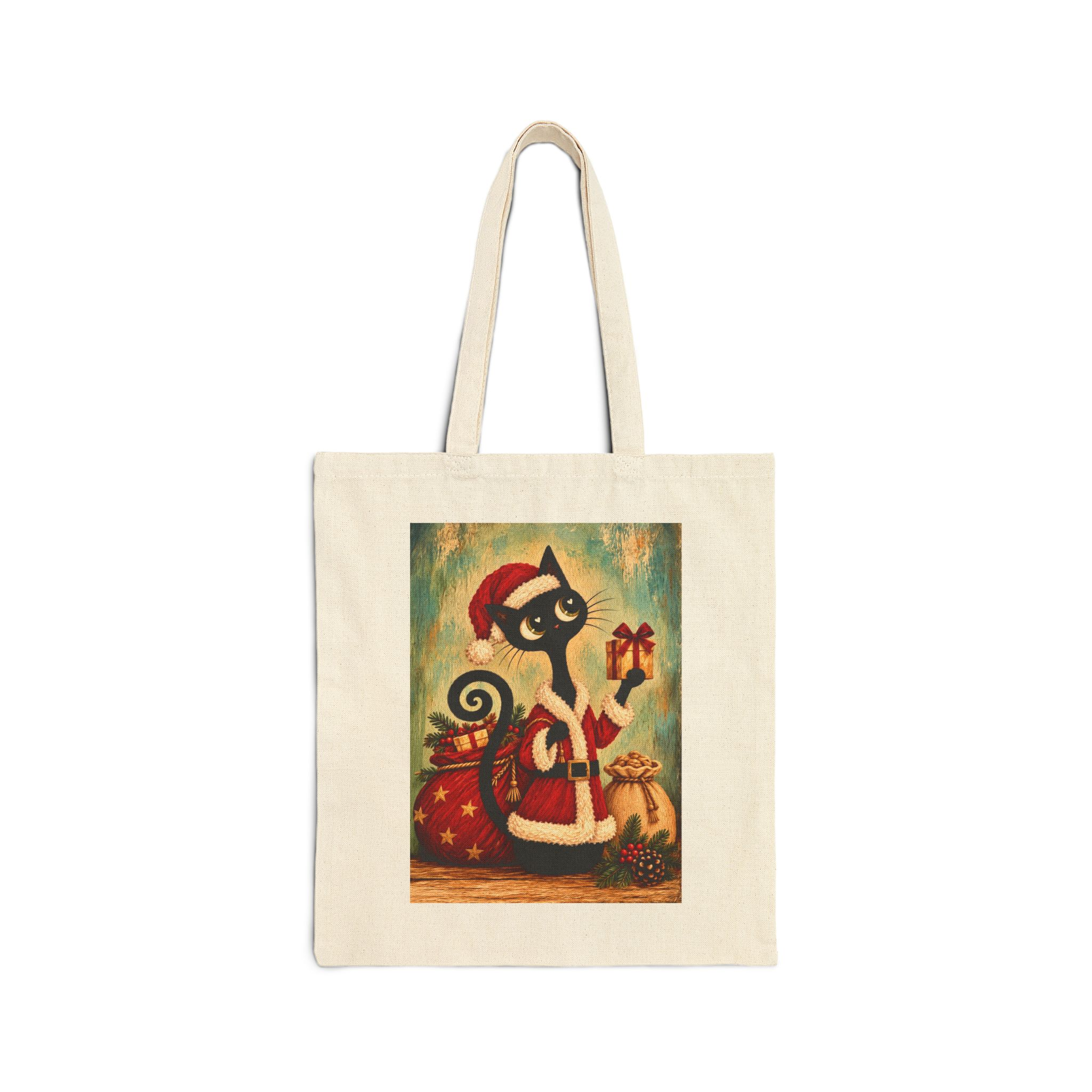 Olie Santa Tote Bag — Whimsical Black Cat in Canvas Tote - Image 1