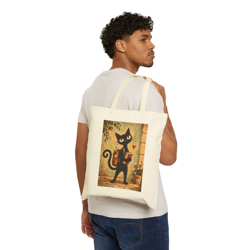 Olie Student Tote Bag — Whimsical Black Cat in Canvas Tote