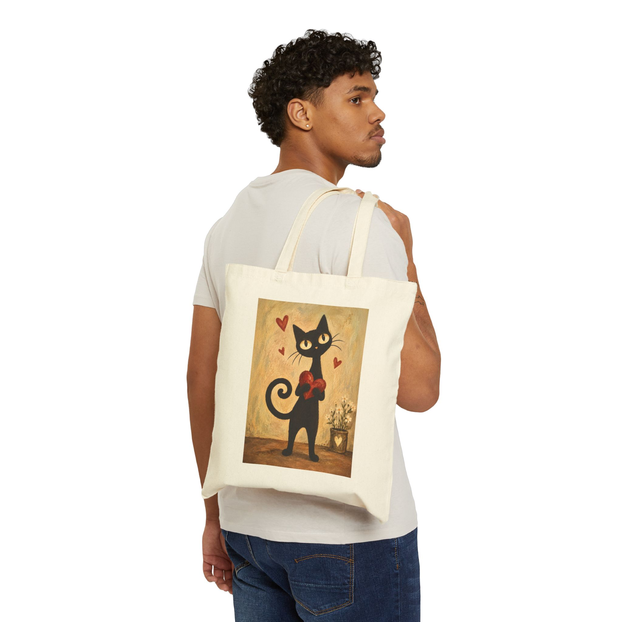 Olie Holding Heart Tote Bag — Whimsical Black Cat in Canvas Tote - Image 3