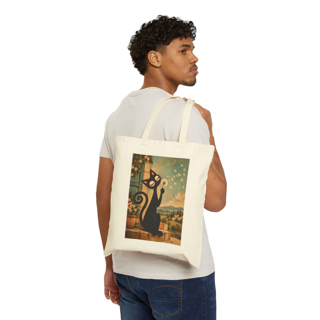 Olie Dandelion Wish Tote Bag — Whimsical Black Cat in Canvas Tote