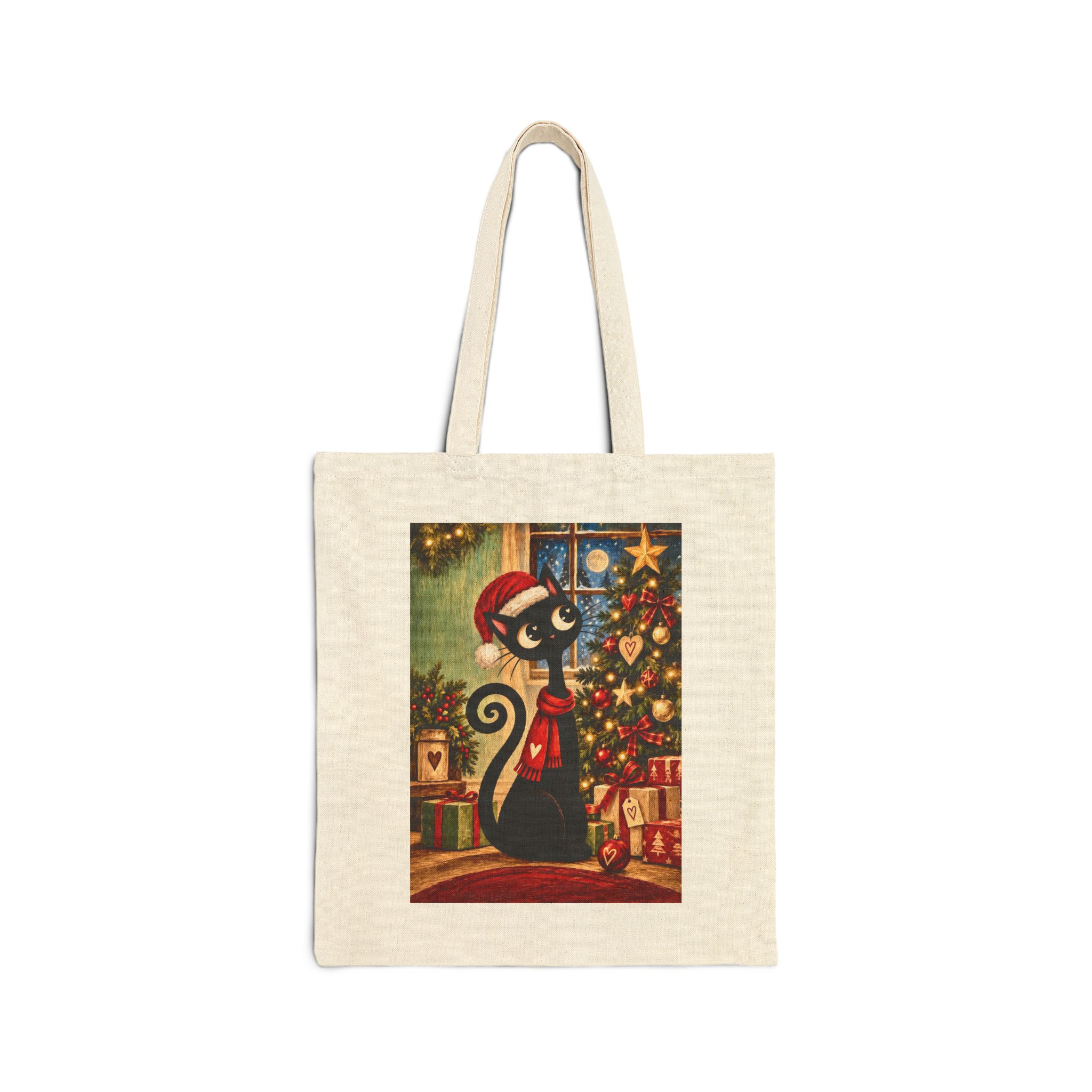 Olie Christmas Tree Tote Bag — Whimsical Black Cat in Canvas Tote - Image 1