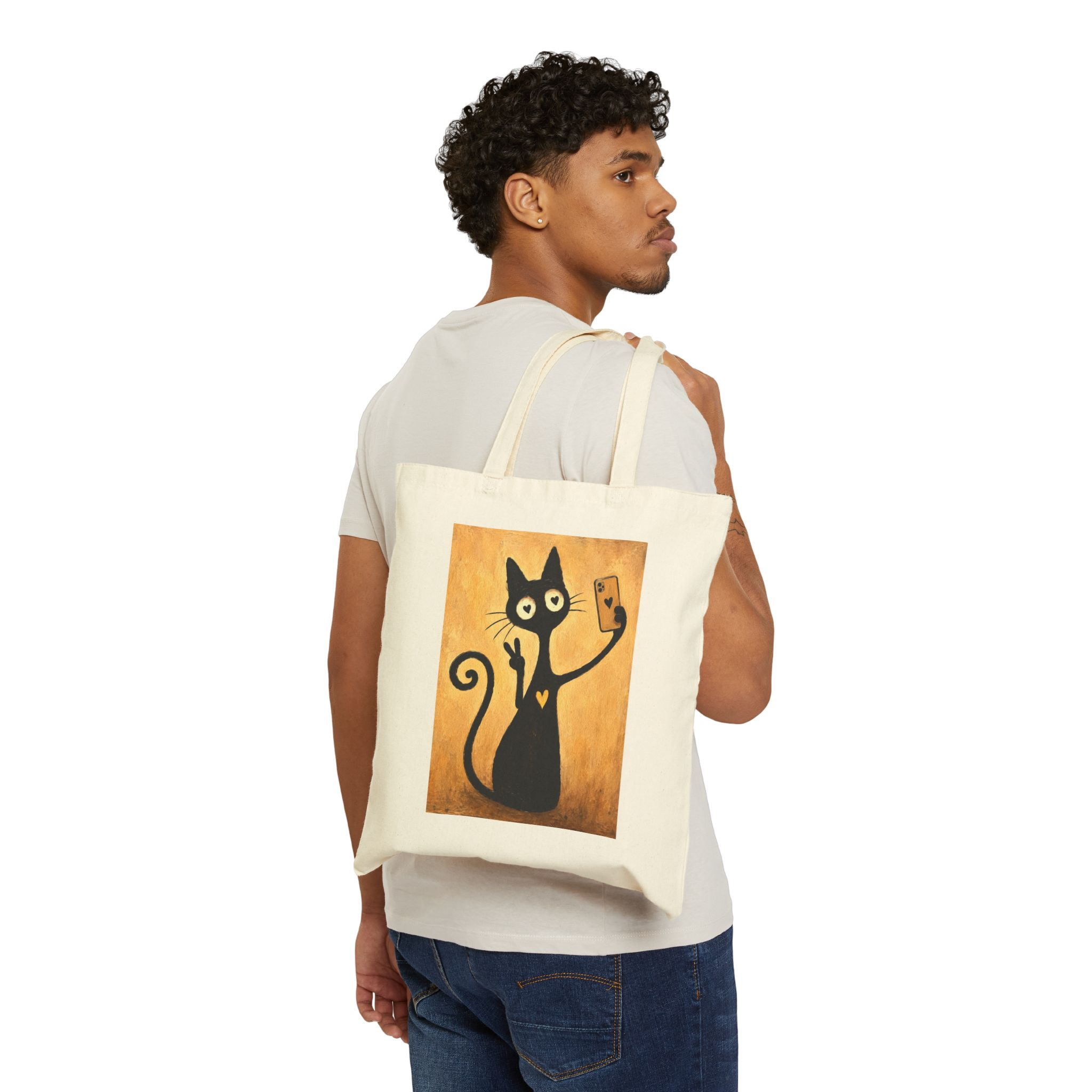 Olie Selfie Tote Bag — Whimsical Black Cat in Canvas Tote - Image 3