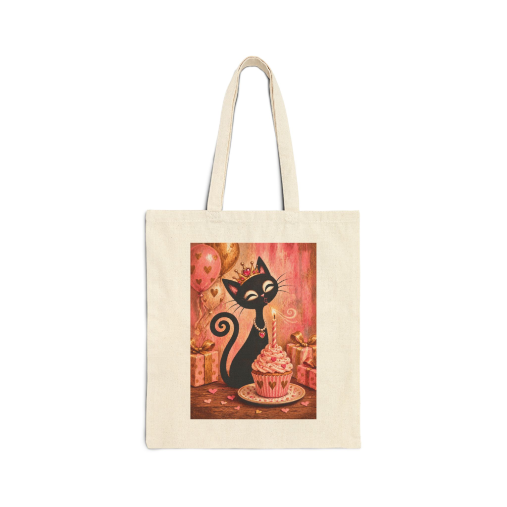 Olie Birthday Tote Bag — Whimsical Black Cat in Vintage Garden Canvas Tote