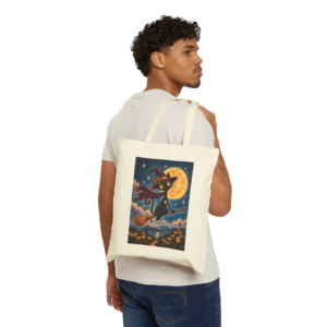 Olie Witch Flying Tote Bag — Whimsical Black Cat in Canvas Tote - Image 3