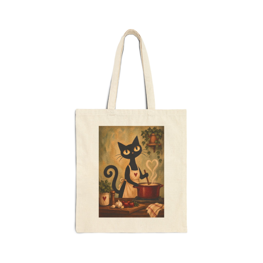 Olie The Cook Tote Bag — Whimsical Black Cat in Canvas Tote
