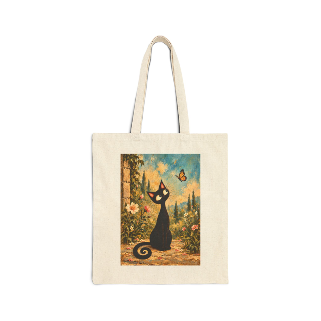 Olie In The Garden with Butterfly Tote Bag — Whimsical Black Cat in Vintage Garden Canvas Tote