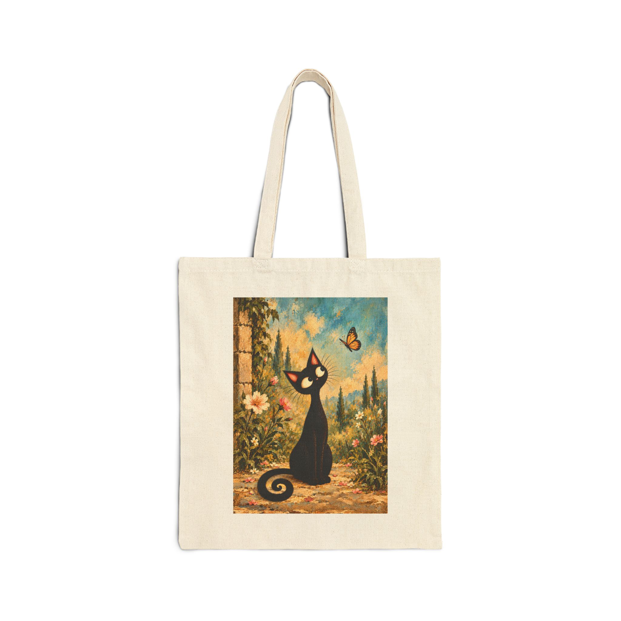 Olie In The Garden with Butterfly Tote Bag — Whimsical Black Cat in Vintage Garden Canvas Tote - Image 1