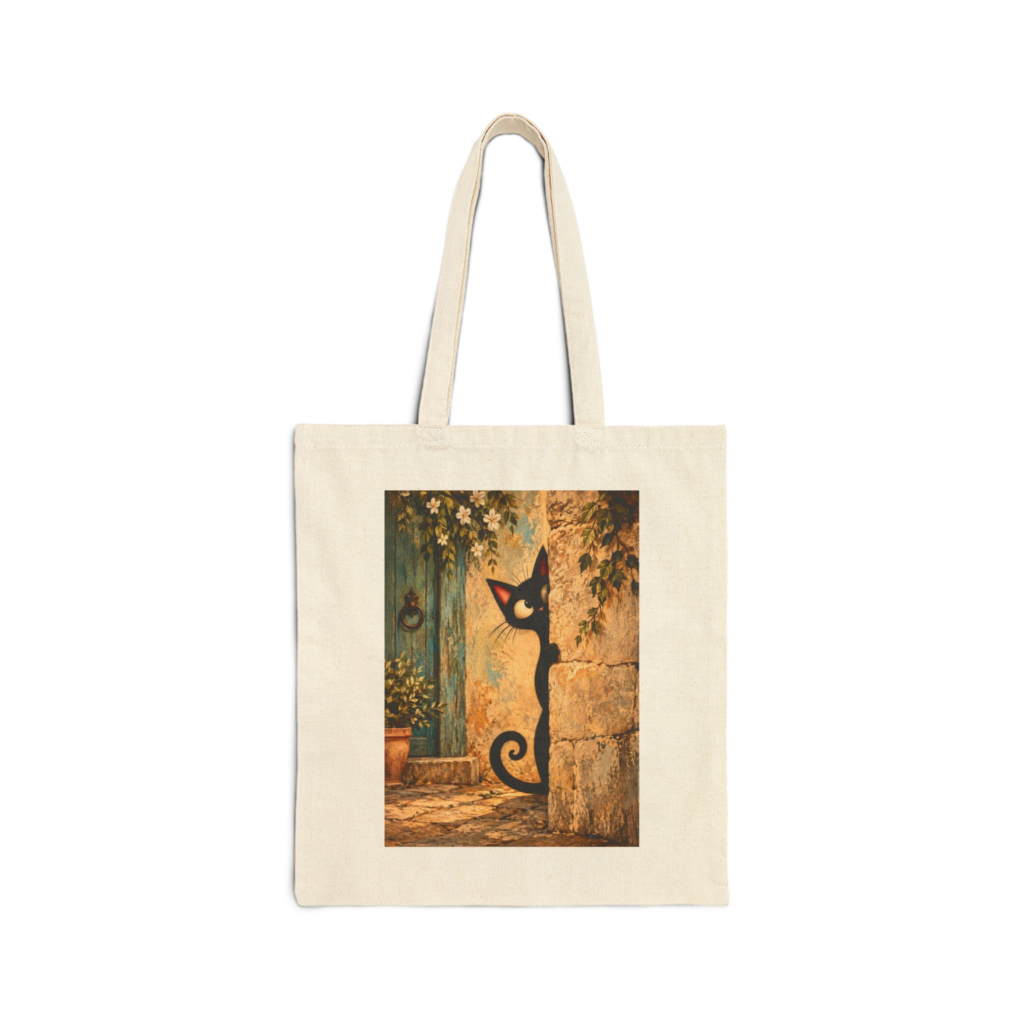 Olie Sneeky Tote Bag — Whimsical Black Cat in Canvas Tote