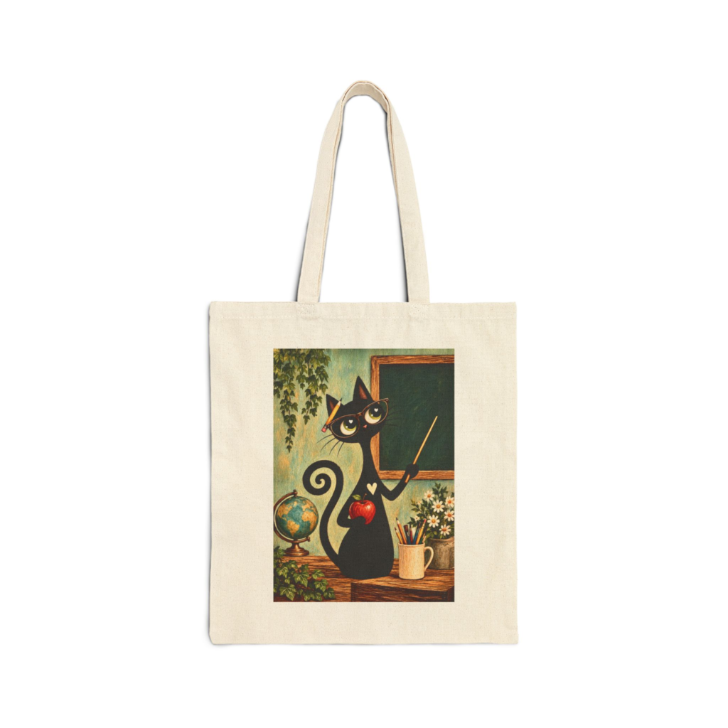Olie Teacher Tote Bag — Whimsical Black Cat in Canvas Tote