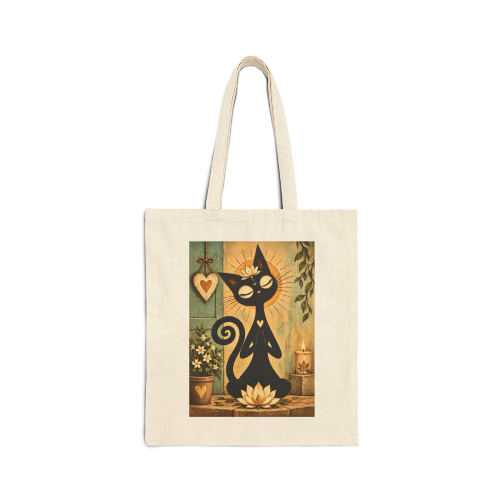 Olie Lotus Meditation Tote Bag — Whimsical Black Cat in Canvas Tote