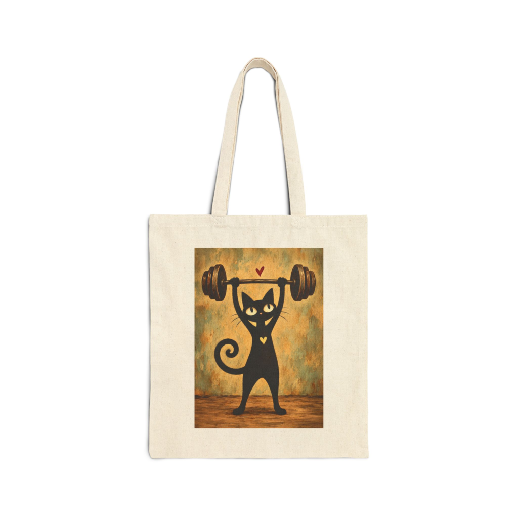 Olie Weight Lifter Tote Bag — Whimsical Black Cat in Canvas Tote