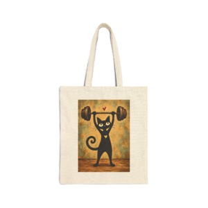 Olie Weight Lifter Tote Bag — Whimsical Black Cat in Canvas Tote