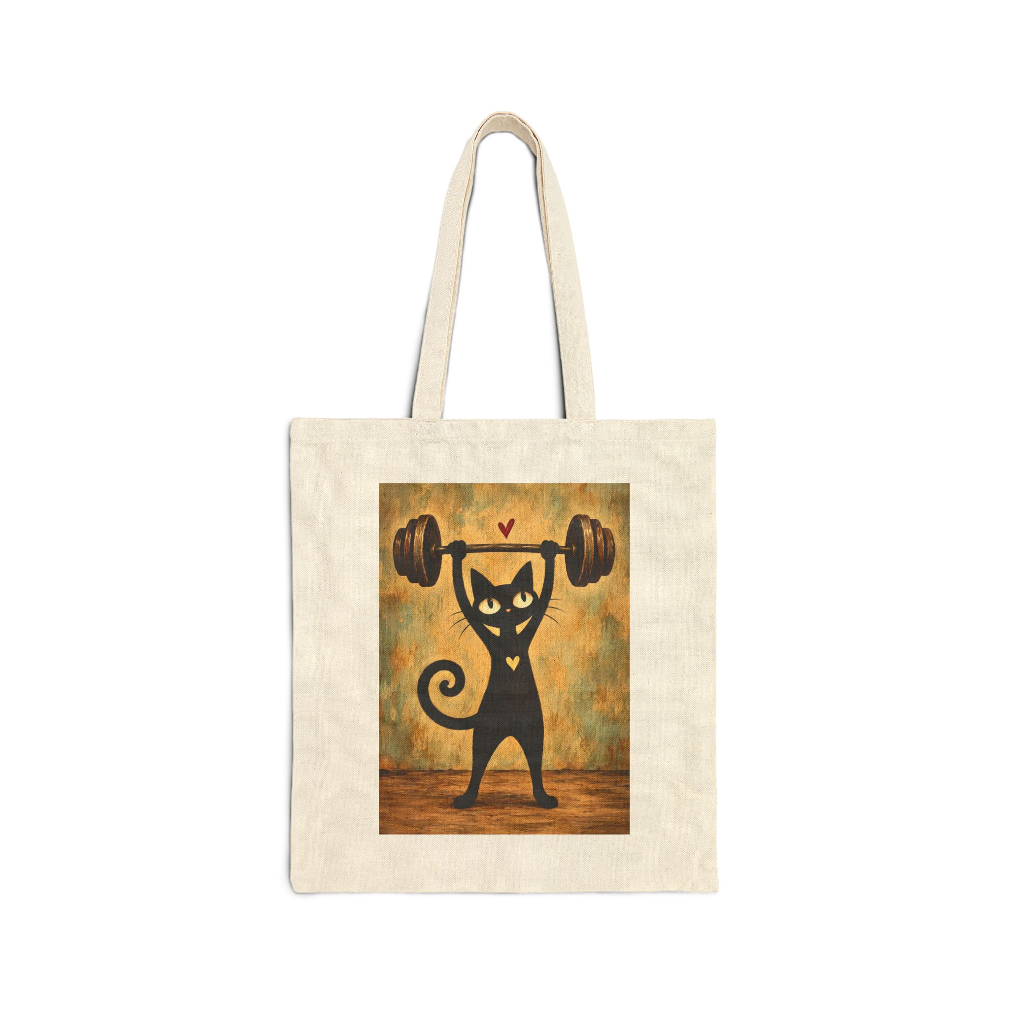 Olie Weight Lifter Tote Bag — Whimsical Black Cat in Canvas Tote - Image 1
