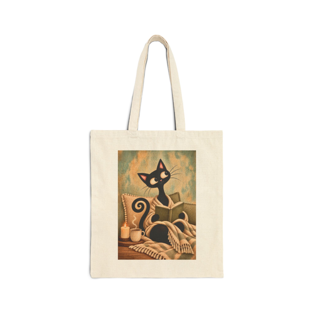 Olie Reading Tote Bag — Whimsical Black Cat in Canvas Tote
