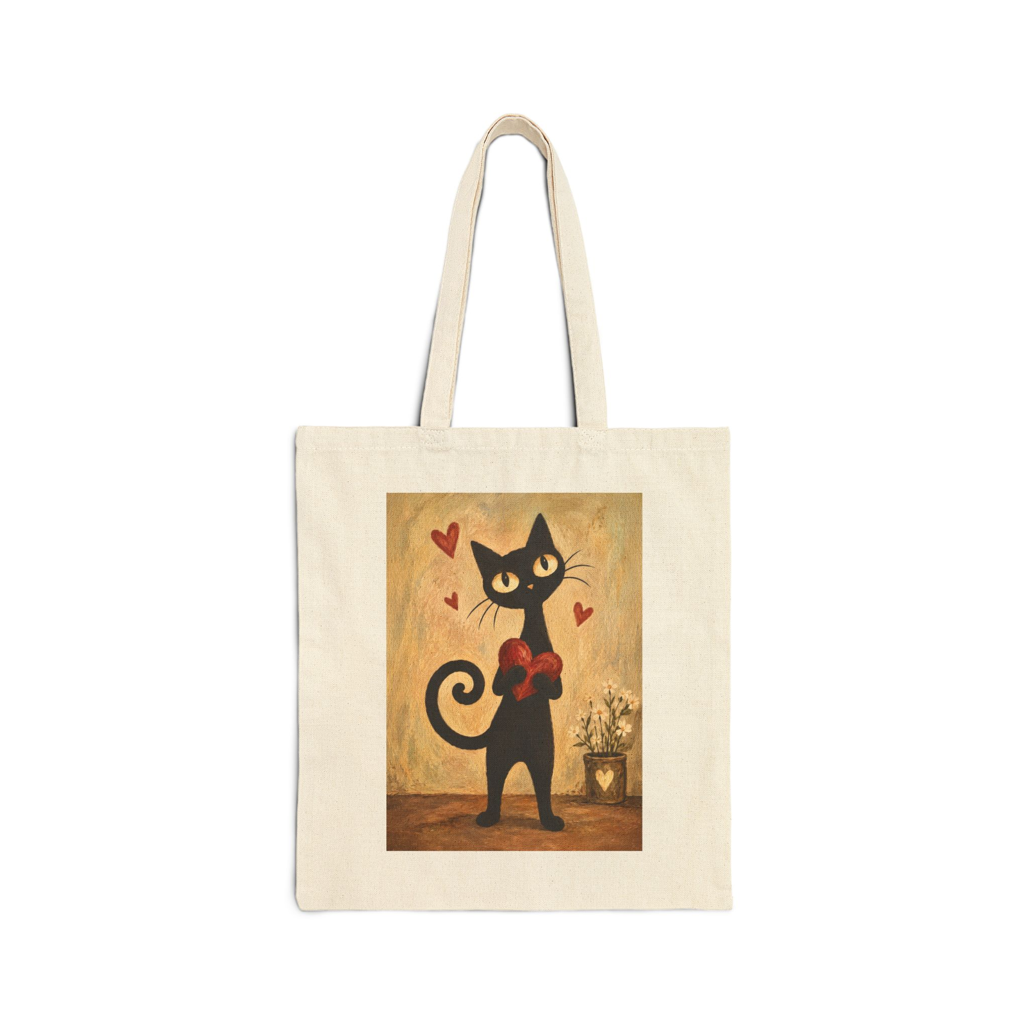 Olie Holding Heart Tote Bag — Whimsical Black Cat in Canvas Tote - Image 1