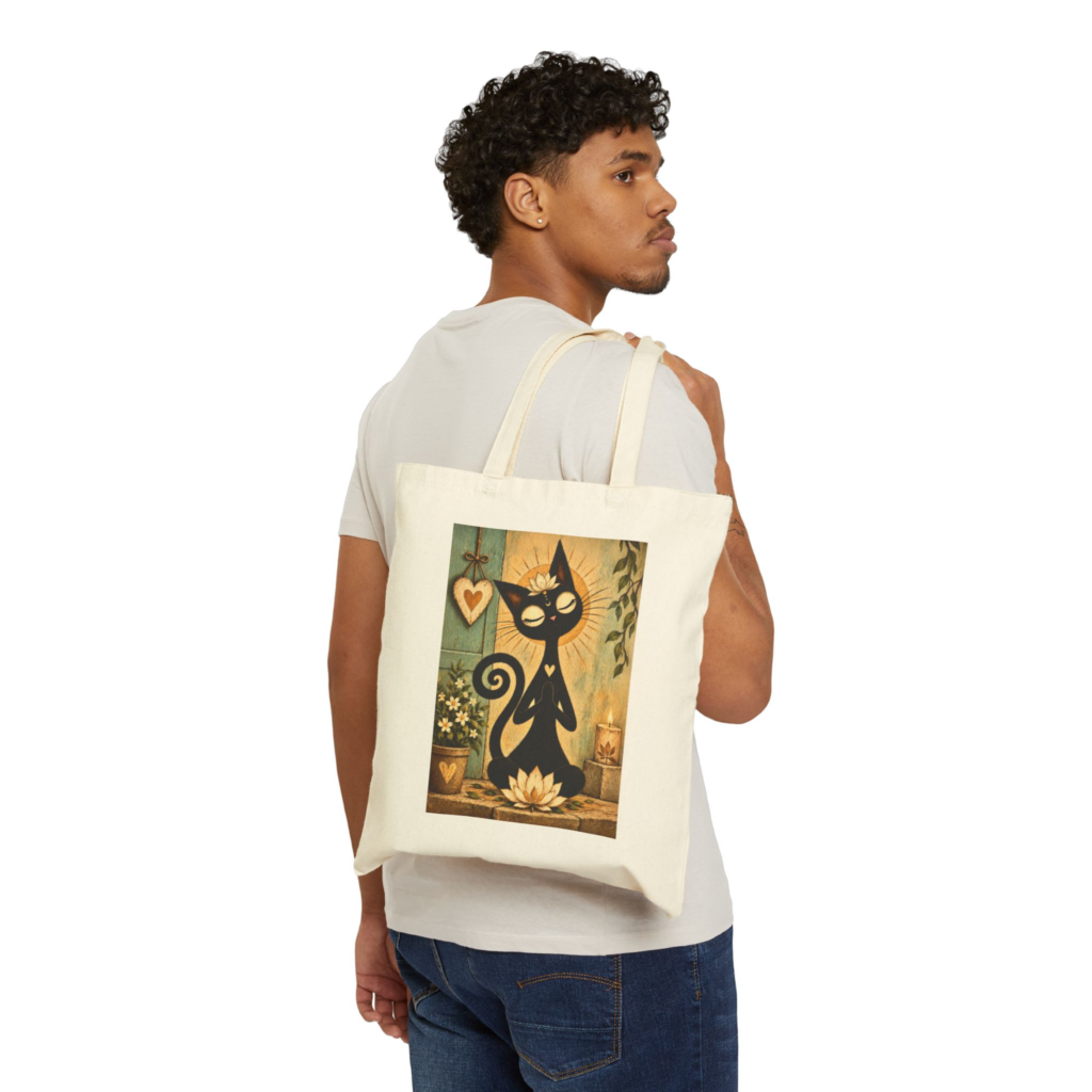 Olie Lotus Meditation Tote Bag — Whimsical Black Cat in Canvas Tote