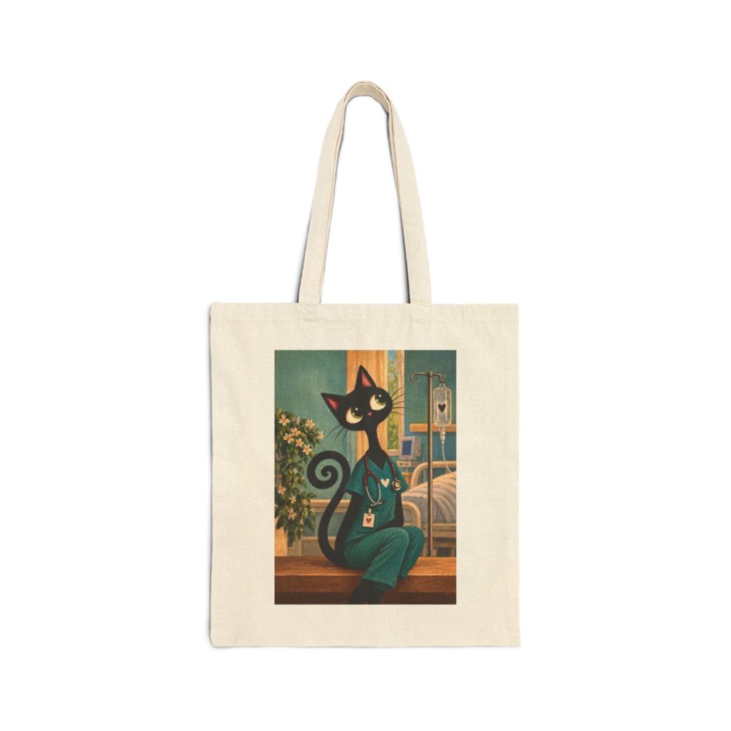 Olie The Medical Tote Bag — Whimsical Black Cat in Canvas Tote