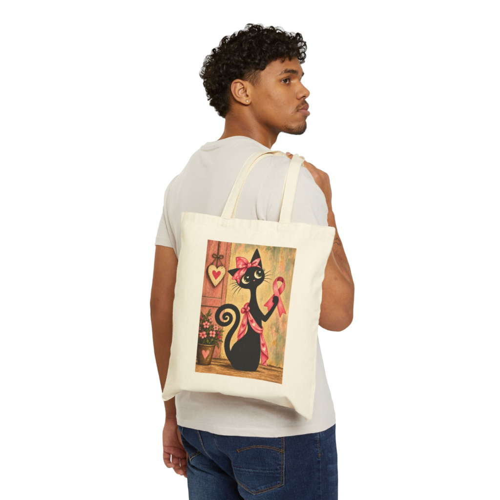Olie Breast Cancer Tote Bag — Whimsical Black Cat in Canvas Tote