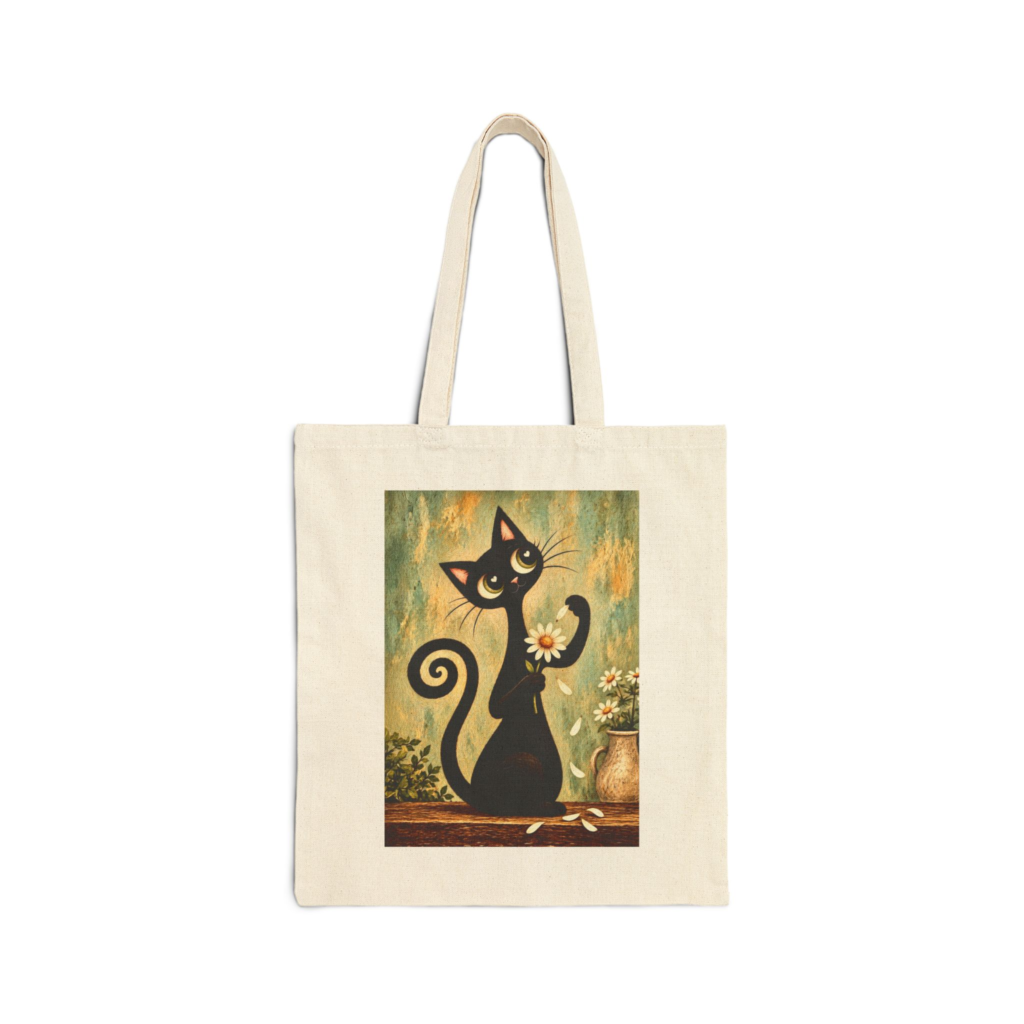 Olie Love Me, Love Me Not Tote Bag — Whimsical Black Cat in Canvas Tote