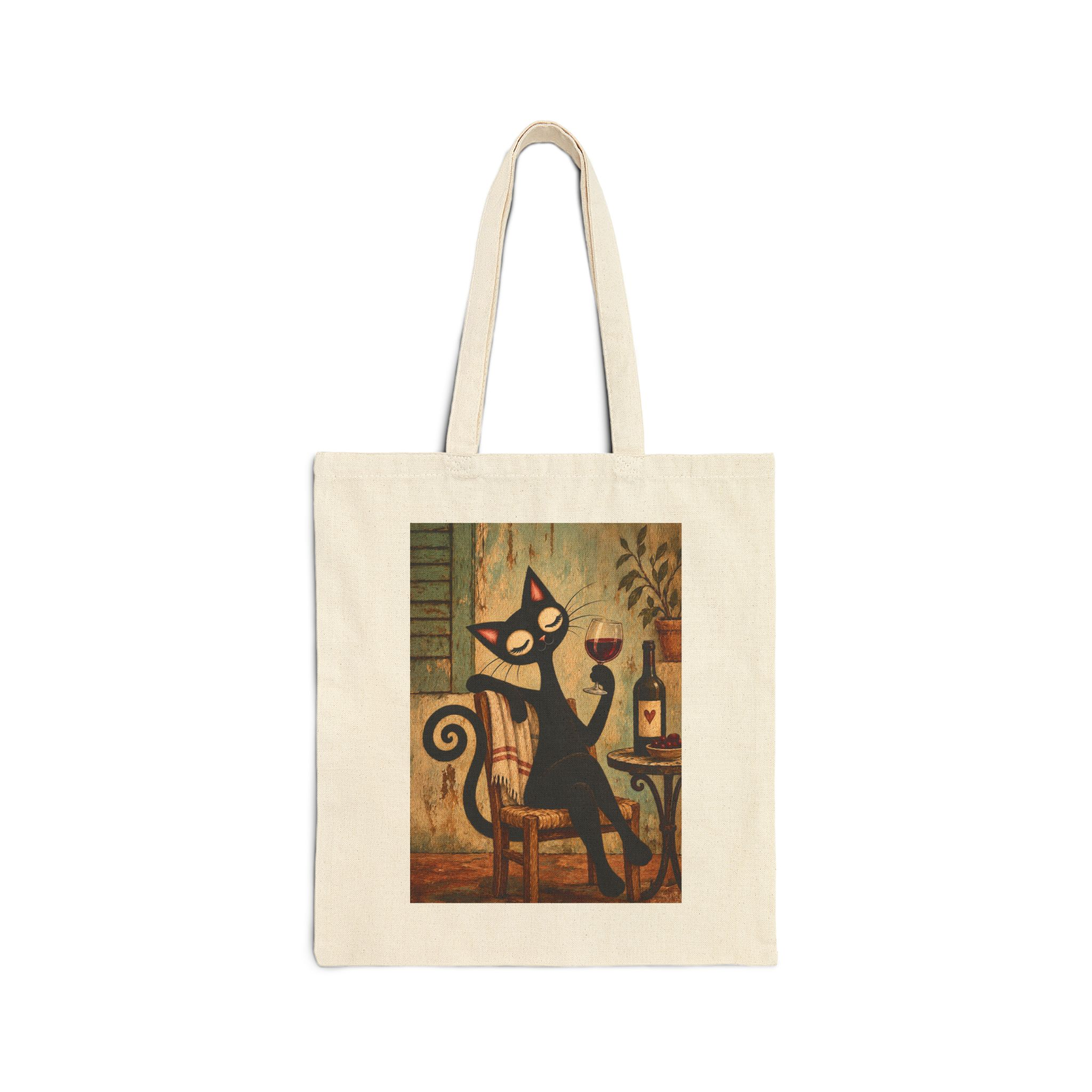 Olie Wine Time Tote Bag — Whimsical Black Cat in Canvas Tote - Image 1