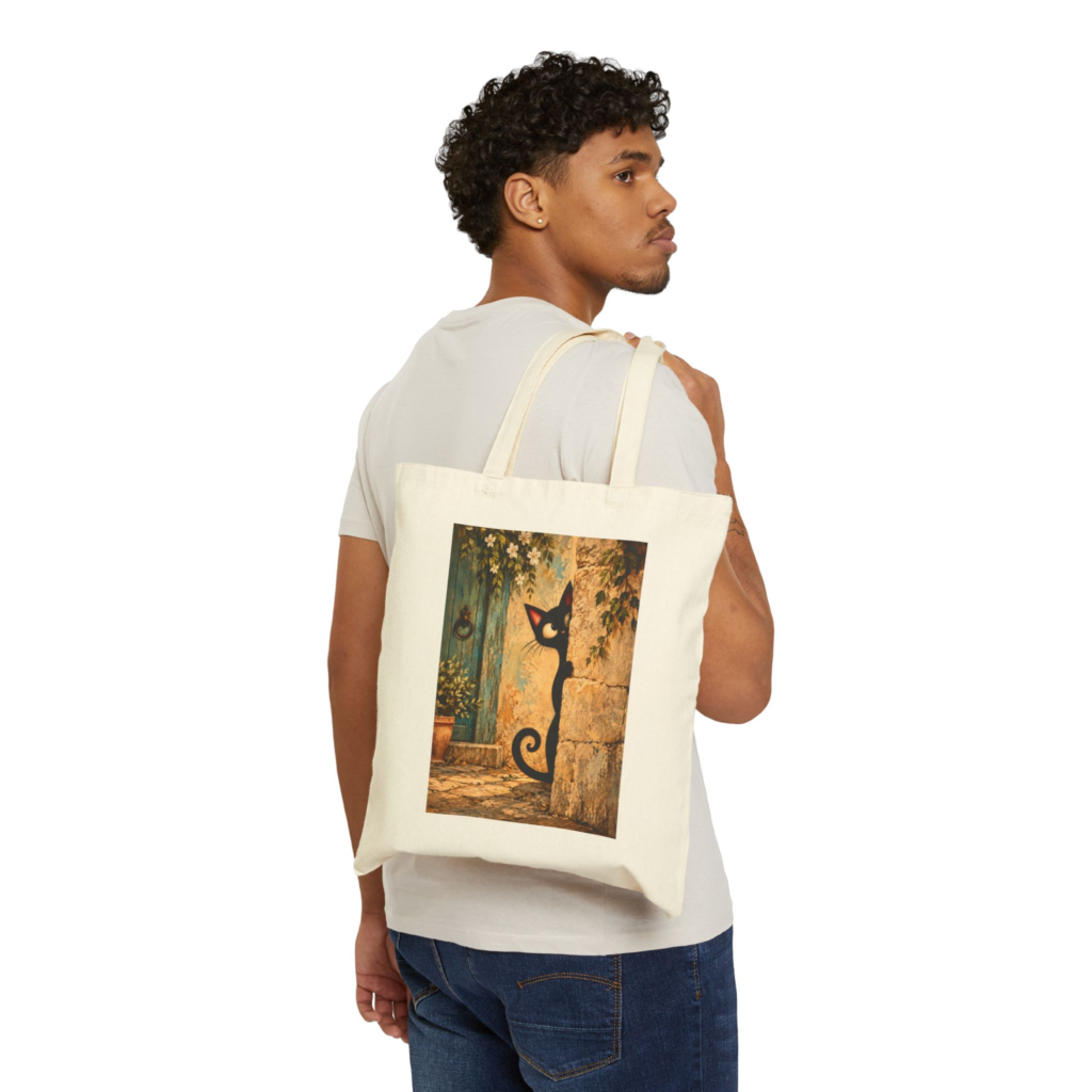 Olie Sneeky Tote Bag — Whimsical Black Cat in Canvas Tote