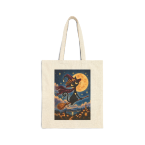 Olie Witch Flying Tote Bag — Whimsical Black Cat in Canvas Tote