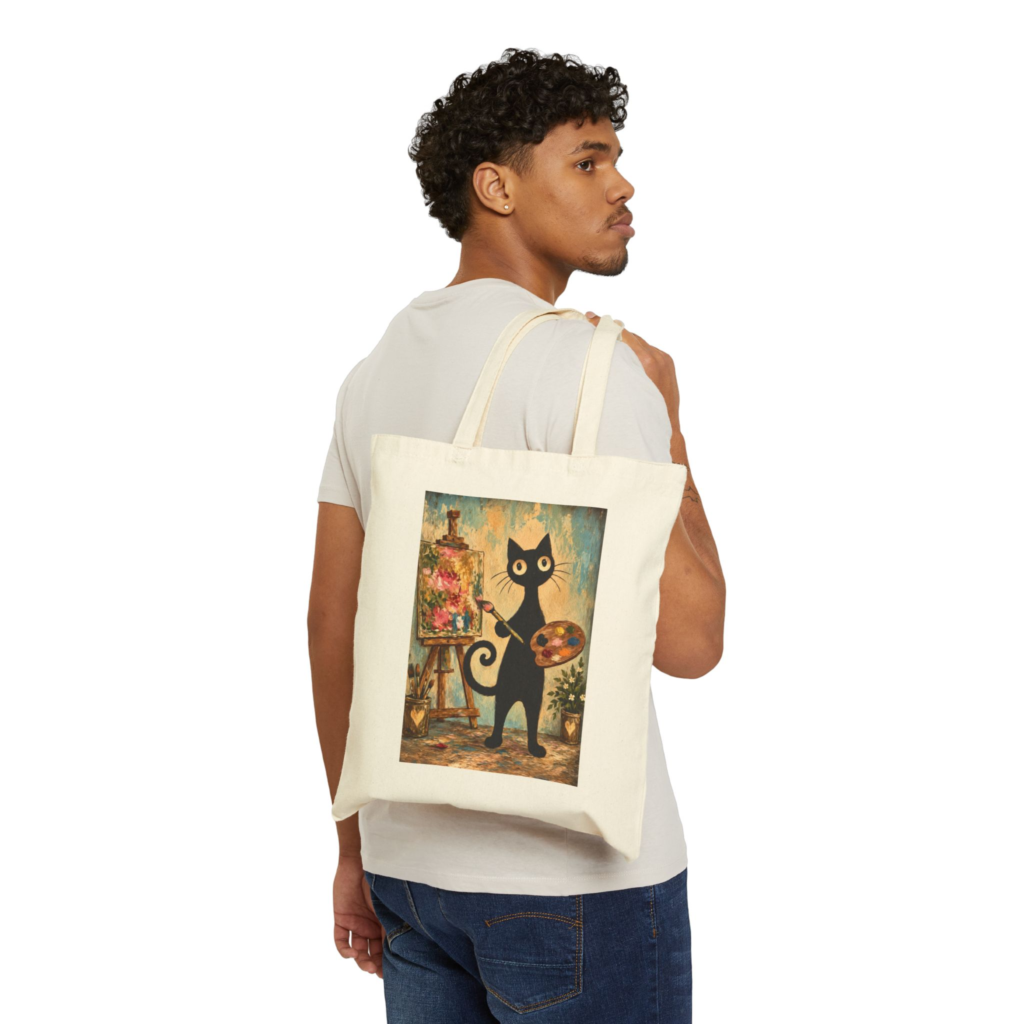 Olie The Artist Tote Bag — Whimsical Black Cat in Canvas Tote